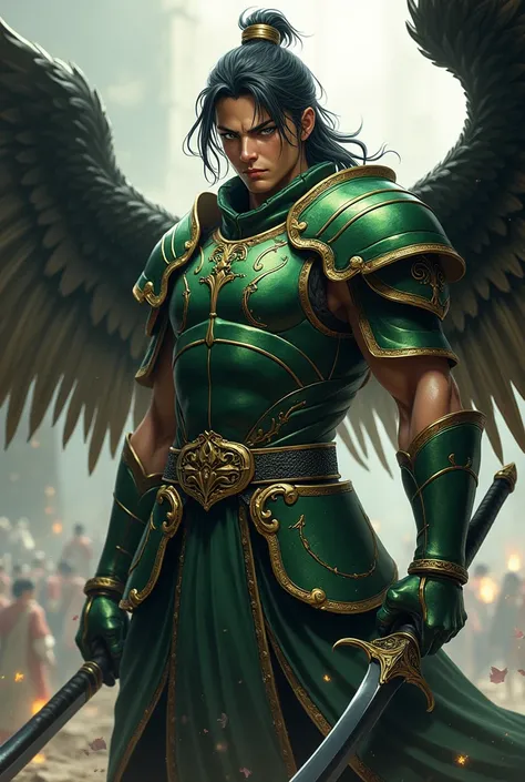 _Kenji _

- Age:  Eternal
- Gender :  Male
- Height : 60" ( 183 cm )
- Weight:  180 lbs  (82 kg )
- Eyes:  Intense green
- Hair :  Jet black
- :  Tanned Skin
- Apparel : Green armor with black wings 
- Black :  Sword of Victory
- Wings : negras con bordes ...