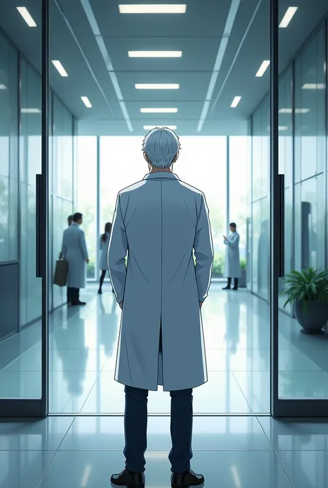 1man, ((epicrealism semi-anime style detailed rendering)), ((our precise elderly scientist)), ((viewed from behind)), ((distinctive short white hair parted on left)), ((well-groomed white ducktail beard)), ((white lab coat)), ((standing before sliding glas...