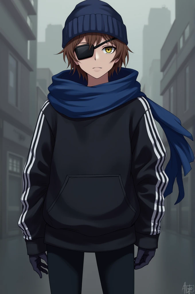 anime guy with purple eyes, black hoodie with white stripes, square black eyepatch, dark blue beanie, black gloves, blue scarf in wind, brown hair, black pants, black boots, neutral expression