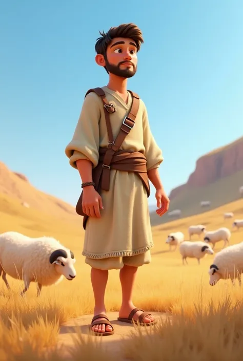 Davi,   A 20-YEAR-OLD MAN WITHOUT MUCH BEARD ), a young shepherd,  is shown standing in a sunny field .  He wears a simple beige linen tunic ,  fastened by a leather belt .  He wears strappy sandals ,  and in the background you can see a flock of sheep gra...