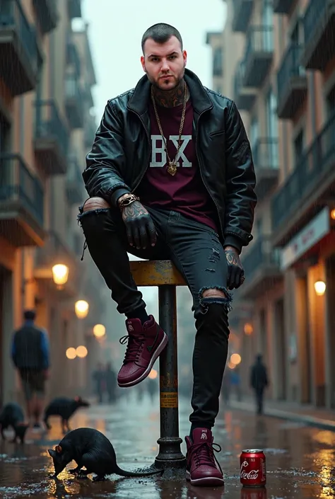 tattoo artist,  sitting on a sign written Welcome to Raval,  black gloves , black bomber jacket ,  burgundy t-shirt with the written word BX ,  ripped jeans ,  burgundy sneakers Nike Air Jordan , Barcelona city old background, raining, two rats ,   one gar...