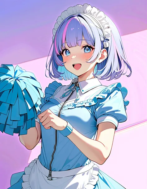 (8K, best quality, master piece: 1.2),super high resolution,best quality,1girl,16yo,solo,ultra-detailed face,detailed eyes,blue eyes,frill,(zip up:1.2),(Pastel Blue maid costume, cheerleader:1.2),maid headdress,((two-colored hair in pastel purple and pink)...