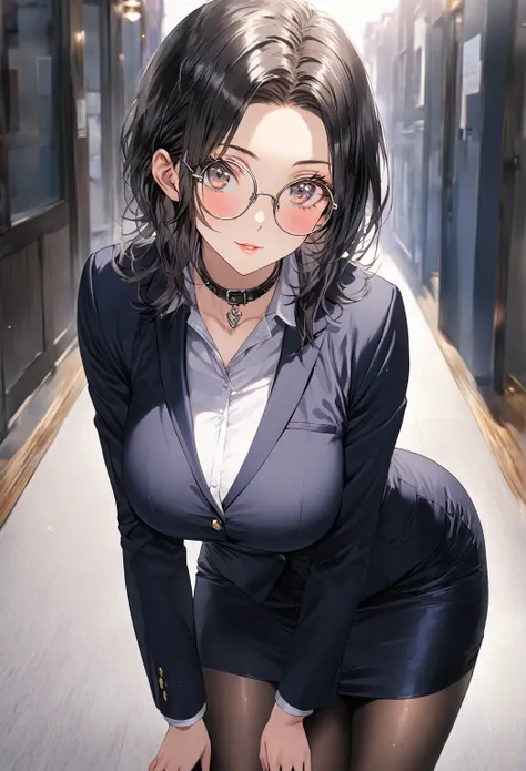 ((highest quality)), ((masterpiece)), (detailed), (front view), (one girl), sexy, shiny skin, glossy skin, height 168cm, bust 120cm, medium size breast, hourglass body, housewife, black hair parted bangs, A mother with warm eyes, Wearing round glasses, Loo...