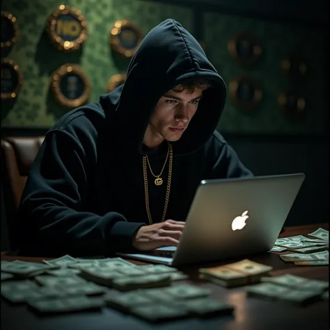 Make a young man hiding in the shade wearing a black cool hooded sweater from Gucci , In front of a MacBook like a hacker , hidden in the shadows without showing your erased face totally hidden by the shadows, with the table with a lot of money piling .wea...