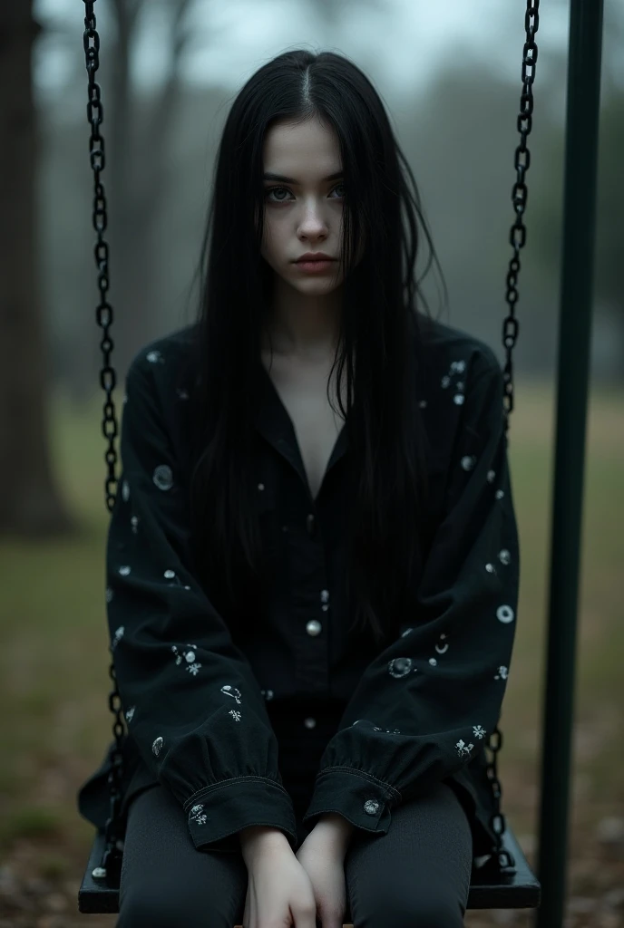  21 year old American girl ,  long straight black hair , pale skin, gothic girl, student, slim, front stop, grey eyes,  looking at the camera ,  with loose hair on the middle of the side a little on the face, with black flannel printed with planets with bl...