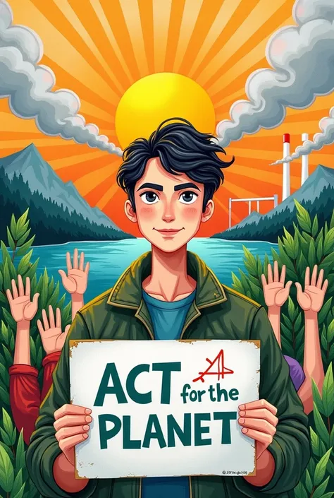 Description 3: " The Future of Youth "
 Composition of the Drawing :

Central figure: A young activist  ( can be a man or a woman ,  depending on what you prefer ) in the foreground,  with a sign that says “Act for the planet” .  The young man has a determ...