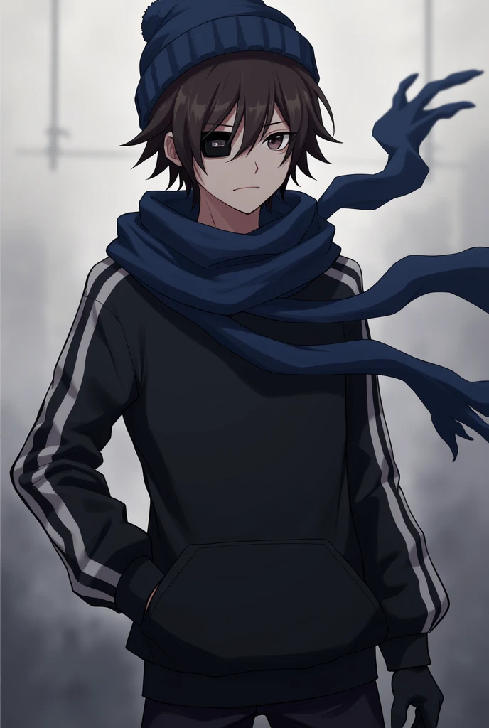 anime guy with purple eyes, black hoodie with white stripes, square black eyepatch, dark blue beanie, black gloves, blue scarf in wind, brown hair, black pants, black boots, neutral expression