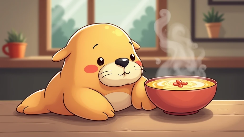 Steam is coming out of the soup、 cute illustration of a walrus staying warm indoors next to it、