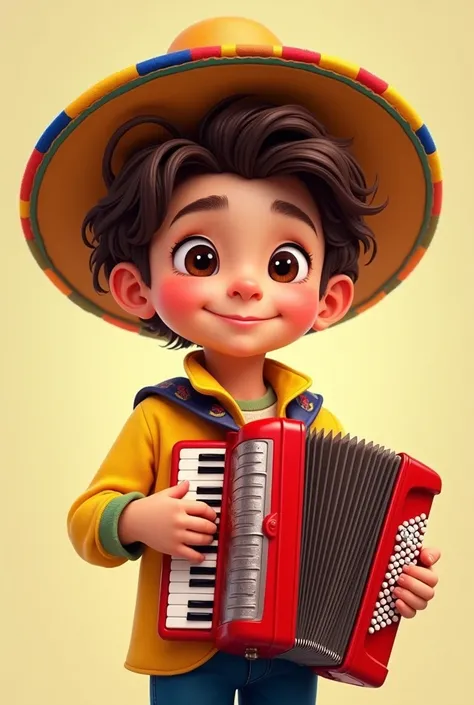 A boy in a cartoon with brown hair, Colombian hat ,  yellow flannel with the colors of the Colombian flag and a red accordion