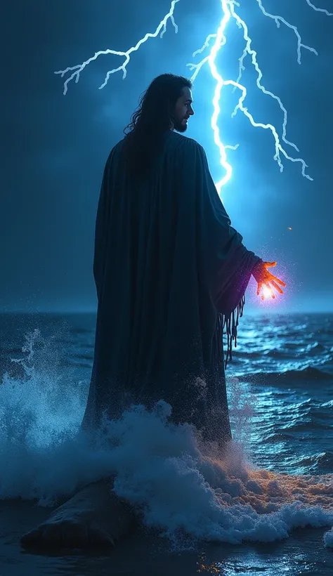 A powerful, mysterious figure resembling a biblical character stands on a turbulent sea, illuminated by a dramatic, dark blue thunderstorm sky. Bright lightning bolts light up the background, casting an intense glow. The figure has long hair and wears a fl...