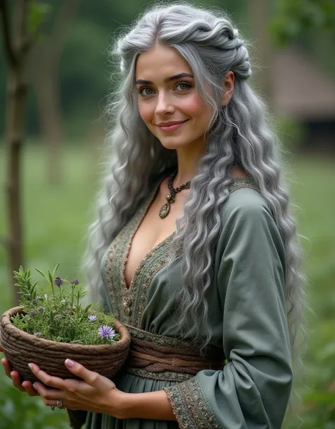 Targeryan woman ,  abundant curly silver hair,  thin body with abundant bust , pale skin, pink lips,  green eyes, Clothing period dress covered in gray color adventurous in Targeryan style, friendly smile,  holding a basket with medicinal herbs 