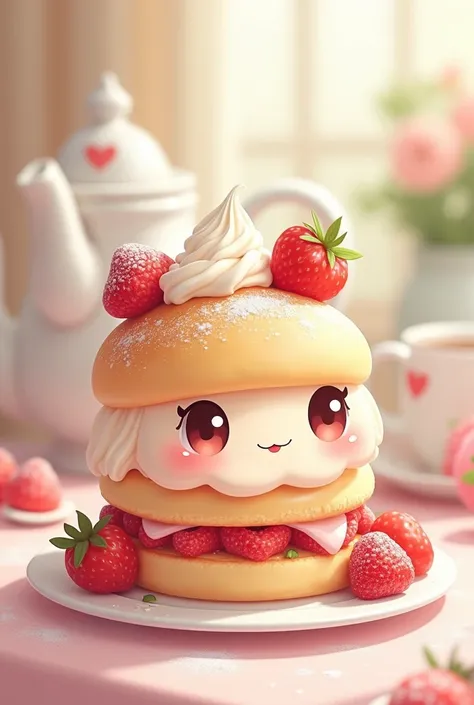 cute shortcake 、Illustration、２ｄ、 background is a tea teapot