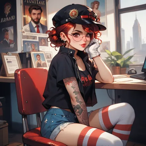 sexy girl, score_9, score_8_up, score_7_up , illustrate a retro-styled tattoo parlor scene featuring a young woman with red, wav...