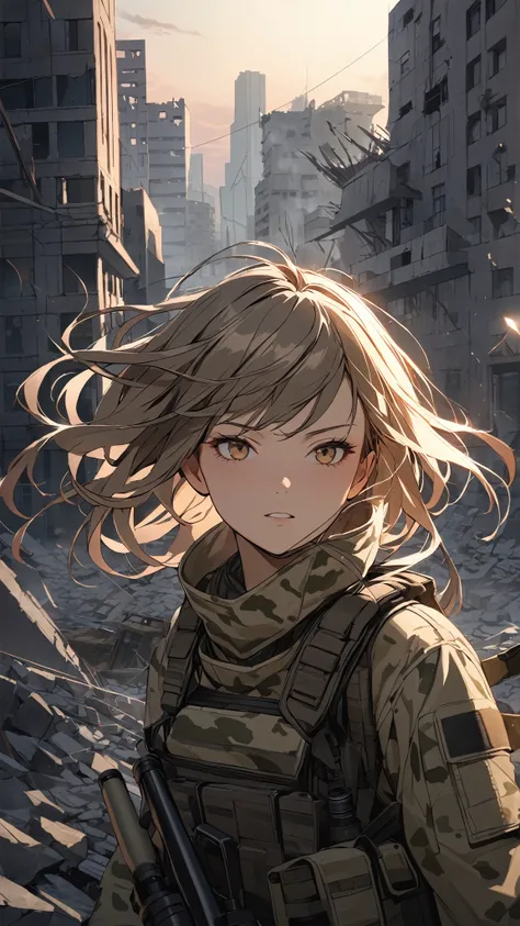 1 girl, ( confident face ),  Short Hair, to many hairstyle,  Military Jacket ,  CAMOUFLAGE CLOTHES ,  Skin Like Pottery ,  medium breasts, break, City Ruins, At dusk, ( Dramatic Light :1.3),  Battle Atmosphere , break,  Expanding Vision ,  Sniper Position ...