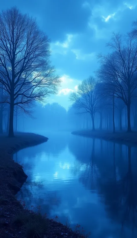  Create a surreal landscape in high definition with a predominance of vibrant and flashy blue tones.  The scene must include a tranquil lake , reflecting the sky,  surrounded by dark and detailed trees .  The trees must have elegant shapes ,  with deep blu...