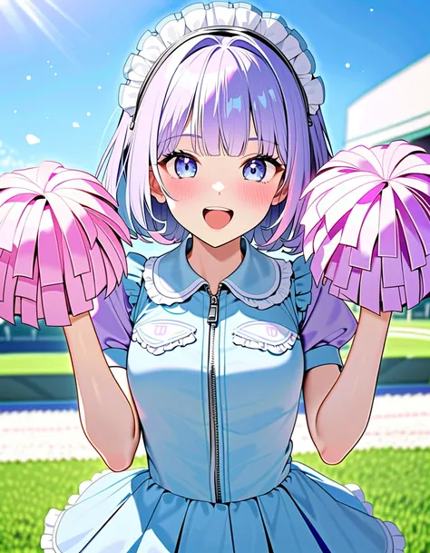 (8K, best quality, master piece: 1.2),super high resolution,best quality,1girl,16yo,solo,ultra-detailed face,detailed eyes,blue eyes,frill,(zip up:1.2),(Pastel Blue maid costume, cheerleader:1.2),maid headdress,((two-colored hair in pastel purple and pink)...