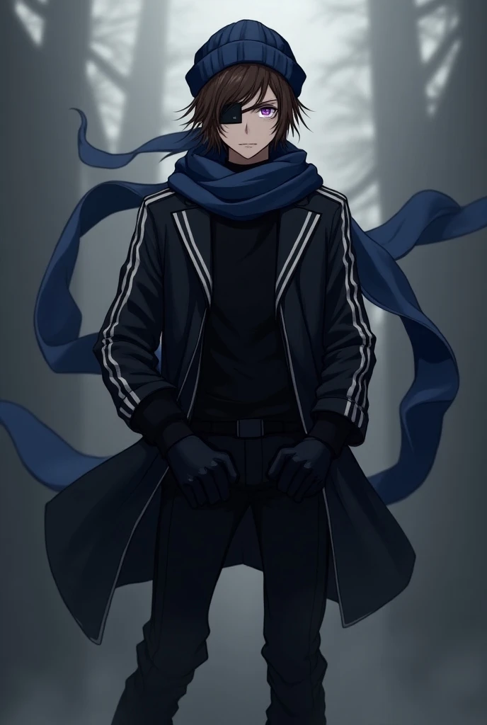 anime guy with purple eyes, black jacket with white stripes, square black eyepatch, dark blue beanie, black gloves, blue scarf in wind, brown hair, black pants, black boots, neutral expression