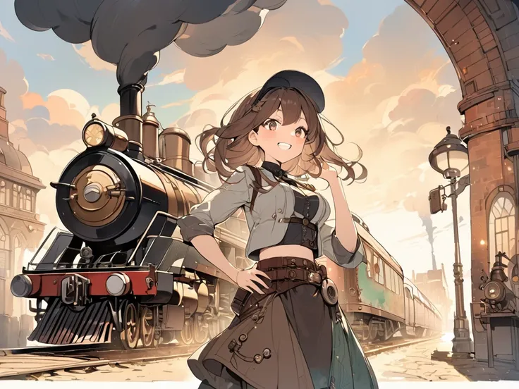 A watercolor-style anime illustration set in a steampunk world, depicting a train station inspired by Kings Cross, made of tin gears and other mechanical elements. A classic steam locomotive (SL) decorated with gears is parked at the station, with steam bi...