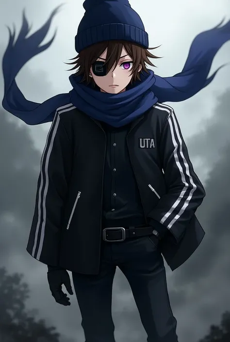 anime guy with purple eyes, black jacket with white stripes, square black eyepatch, dark blue beanie, black gloves, blue scarf in wind, brown hair, black pants, black boots, neutral expression