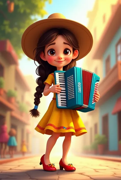 Disney-style cartoon girl with brown hair and braids, Colombian hat , yellow dress,  little red heels with the colors of the Colombian flag and a full blue accordion 