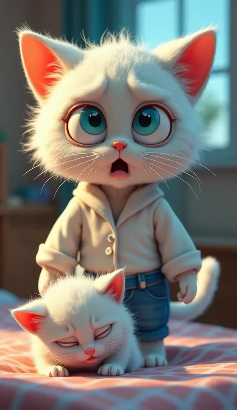 "  High-quality 3D rendering of an adult anthropomorphic white cat with expressive sky blue eyes filled with veins as if she had spent all night without sleeping,frustration,  wears a white blouse with long sleeves and jeans  , Watching your baby kitten in...