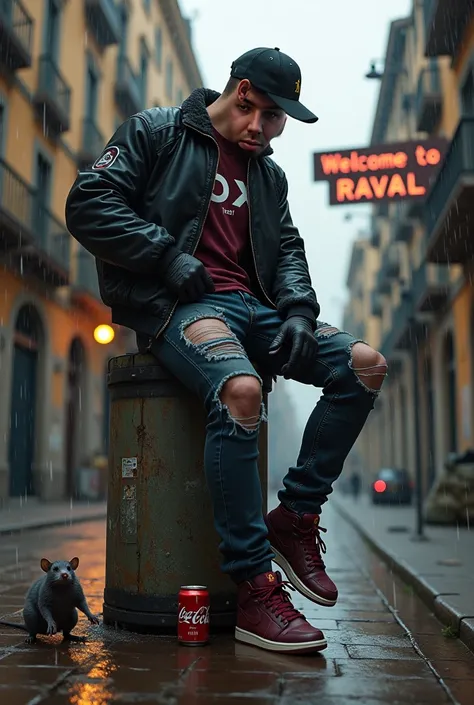 tattoo artist, sitting on a pylon ,  black gloves , black bomber jacket ,  burgundy t-shirt with the word BX written,  ripped jeans ,  burgundy sneakers Nike Air Jordan , Barcelona city old background, raining, two rats ,   one garbage bag , Can of Coca-Co...