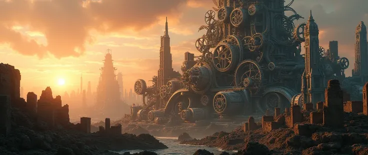 (A group of buildings made up of gears:1.5),
(A city made of gears:1.4),
(gears:1.4), (sunset:1.3), (ruins:1.5),