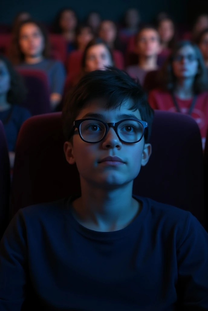 a real teenager with glasses watching a MARVEL movie at the cinema