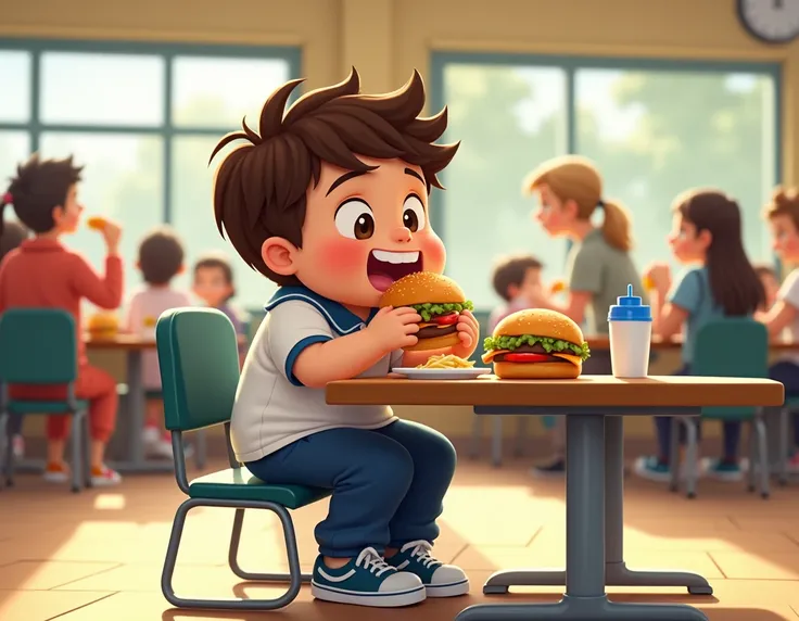 

" Lucas is a  boy with overweight ,  short, disheveled brown hair and a round face .  He is sitting alone at a lunch table in his school cafeteria ,  eating a hamburger .  He wears a standard school uniform : a white shirt,  blue pants and sneakers .  Hi...