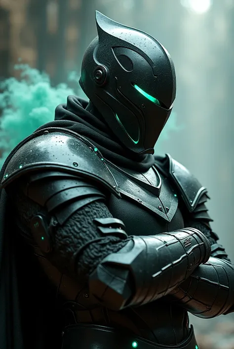 a close up of a knight in black armor wearing a knight helmet, no weapons and crossing his arms, more clothes. give him glowing mint colored accents, concept art inspired by Raymond Swanland, trending on Artstation, fantasy art, steel inquisitor from mistb...