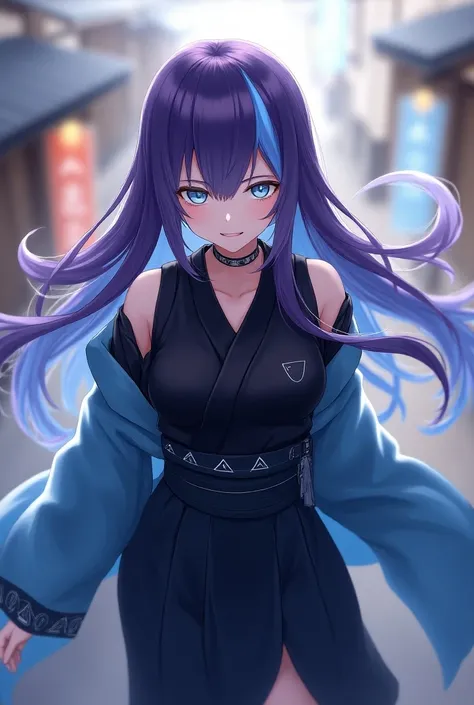 Attractive game girl with purple long hair 、 
Turn a section of the side of the bangs blue.　
 blue highlights on the side of her bangs 　Part of the bangs is blue　　 blue kimono with white triangular pattern on the cuffs　Light blue kimono coat
black hakama a...