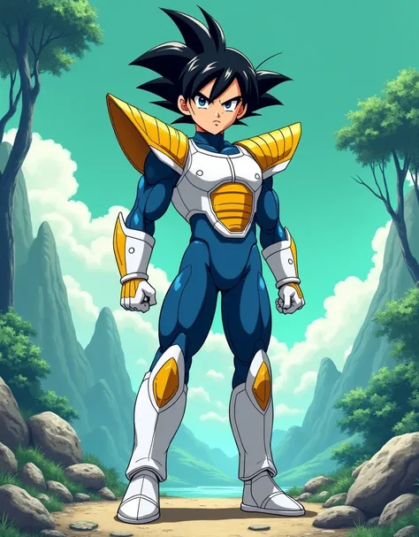 The  boy in the image is wearing battle armor.  The armor is predominantly white with yellow and blue details .  He is wearing a blue jumpsuit that covers his entire body , with white gloves and boots .  The armor has wide yellow shoulders ,  and there is ...