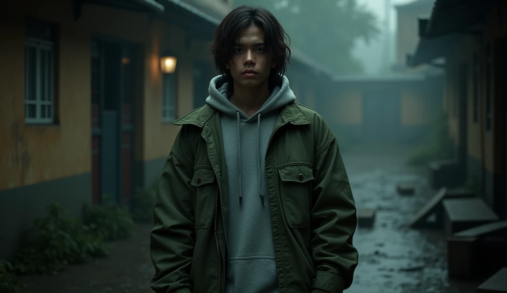 (realistic:2.0), (a white Indonesian high school male, with a muscular, athletic body, with a serious face and a cold, frightening gaze; he has neck-length brown hair, wearing a modified Suzuran uniform in the form of a gray inside hoodie, and an oversized...