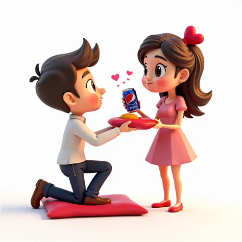  Hyperrealistic 3D cartoon style. for valentines day, A man with one knee on the ground offers an onion slice on a red cushion to a woman, debout, qui a une canette de Pepsi dans sa main.  The woman has hearts in her eyes .on white background