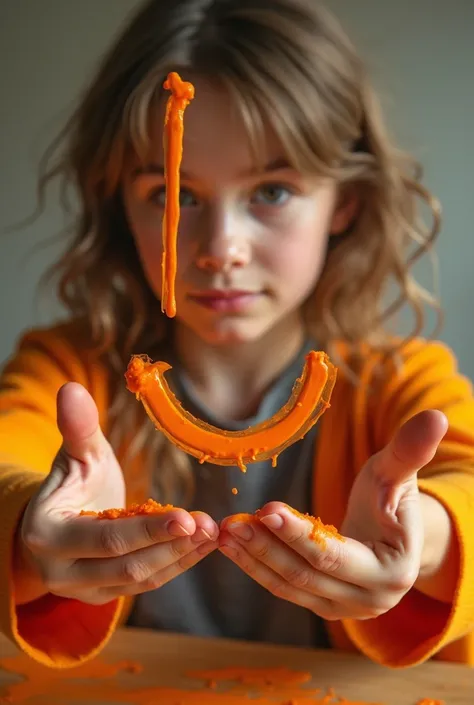 Face-shot of a teenager from behind glass,  drawing with orange paint an L and a smile-shaped curve that is below the L