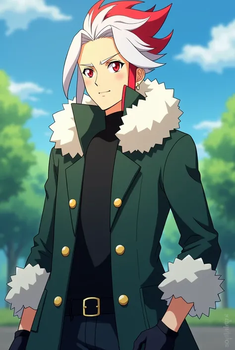 Make an anime character,  a man with fair skin ,  red eyes ,  with white hair with red highlights , He wears a dark green coat with white fur, he wears black gloves, a black shirt under the jacket, He is a Pokémon trainer  