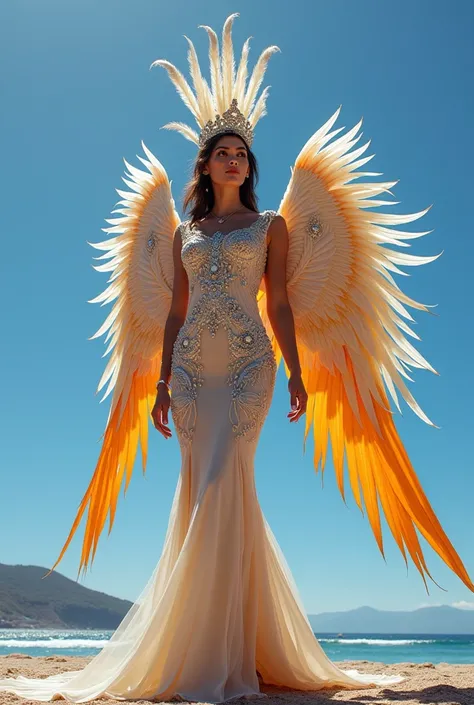 Create a typical costume for Miss Universe Chile inspired by the seagull from the Viña del Mar festival 