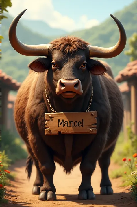  Create an image of an ox with a sign around its neck, The sign says Manoel 
