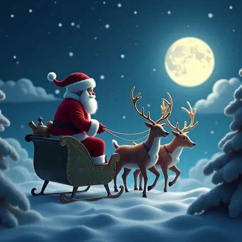 Santa is driving his cart in sky