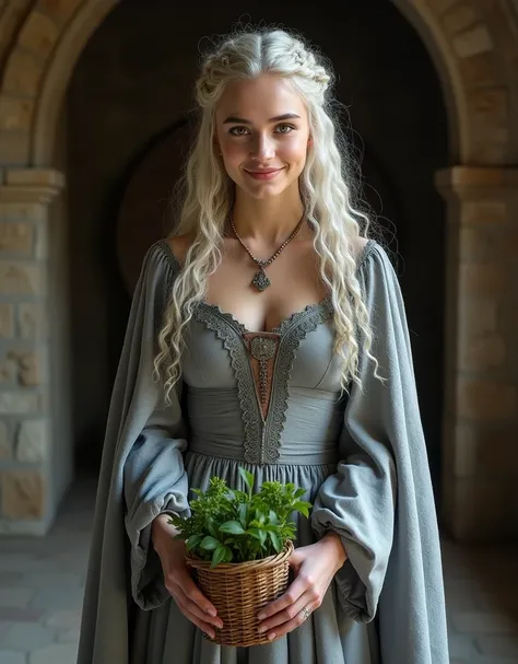  daenerys targaryen room,Targeryan woman ,  abundant curly silver hair,  thin body with abundant bust , pale skin, pink lips,  green eyes, Clothing period dress covered in gray color adventurous in Targeryan style, smile,  holding a basket with medicinal h...