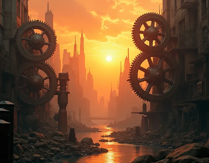 (A group of buildings made up of gears:1.5), (A city made of gears:1.4), (gears:1.4), (sunset:1.3), (ruins:1.5),