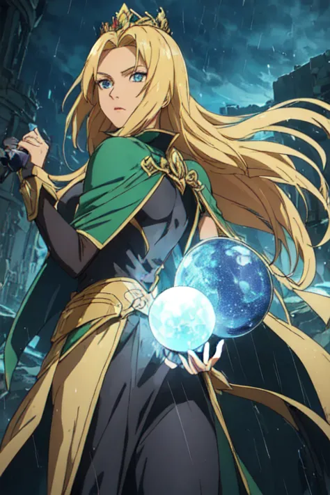 blonde woman with blue eyes with a powerful and mystical appearance. she is dressed in green and black armor that covers much of...