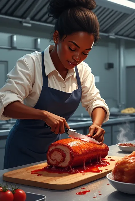 Realistic colorful drawing of a retinted black cleaning woman boning a pork shank roasted with a laser knife
