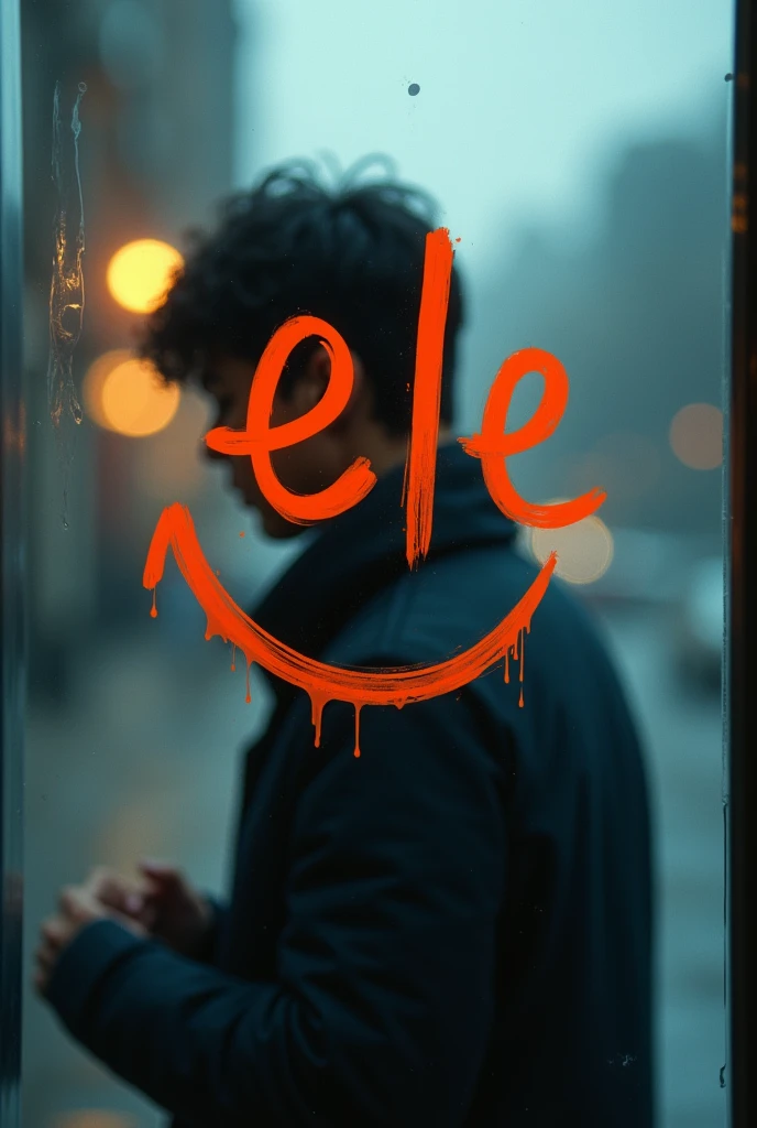 Farthest shot of a teenager from behind glass ,  drawing an ele letter and a smile-shaped curve underneath the ele with orange paint 