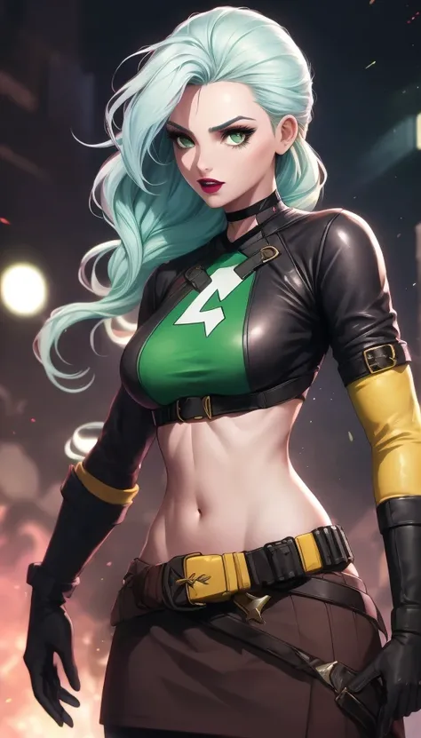 cartoon_unknown__rogue,,
long hair,breasts,brown hair, green eyes,Lipstick,make-up,Lips,white hair,two-tone hair,diadema,wavy hair,large breasts,messy hair,curly hair,big_hair, 
yellow body,jacket,Gloves, belt,yellow Gloves,green body,body,multicolored bod...