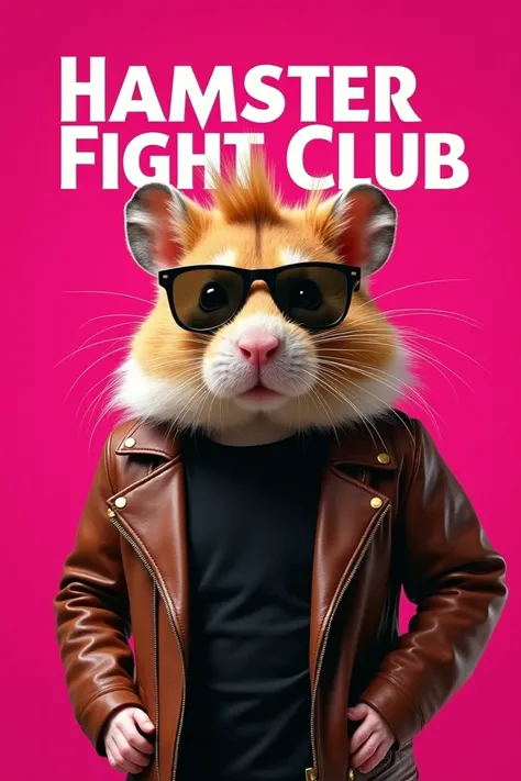 Hamster wearing Sunglasses with brown leather jacket with blonde spiked hair and black shirt on movie poster with pink title that reads, Hamster Fight Club 