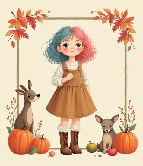  Create a simple, minimal illustration of a cool and cool girl  .    Create a minimalistic and simple illustration of a girl with curly hair mixed in pink and blue 、    The girl must wear a nut skirt and brown short boots in colorful fall colors .  The soc...