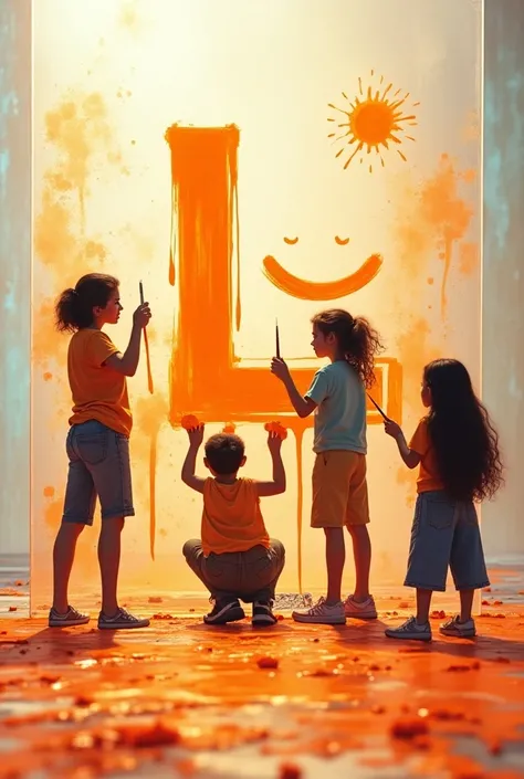 Front shot of teenagers drawing on transparent glass with orange paint, a letter L and a smile below L 