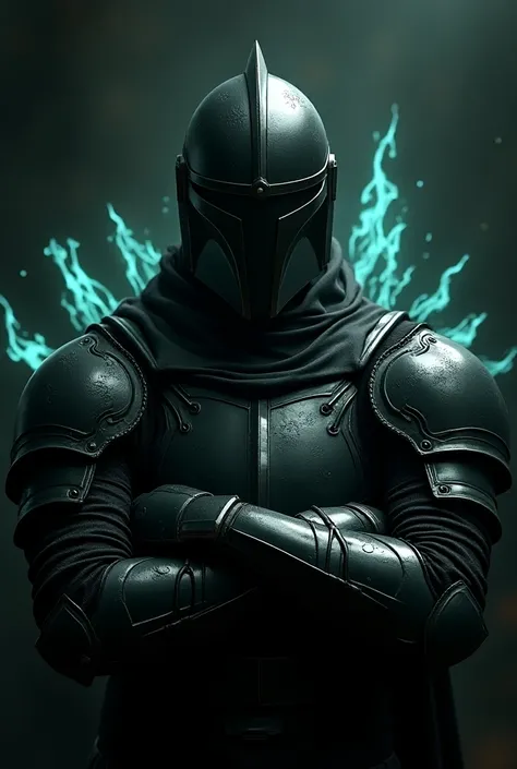 a close up of a knight in black armor wearing a knight helmet, no weapons and crossing his arms, more clothes. give him glowing mint colored accents, concept art inspired by Raymond Swanland, trending on Artstation, fantasy art, steel inquisitor from mistb...