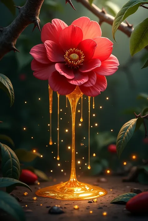 A red camellia came from above ,  melting with golden droplets falling from various random places,  and also the melt of it being bright gold ,  against a background of dark green thorns and leaves .  